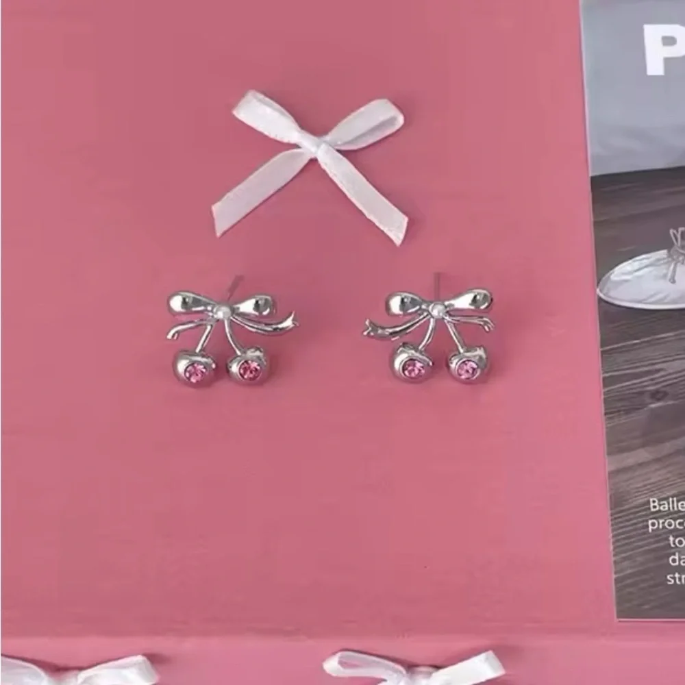 Sterling Silver Twin Cherry Bow Earrings with Ruby Accents 925 Stamped